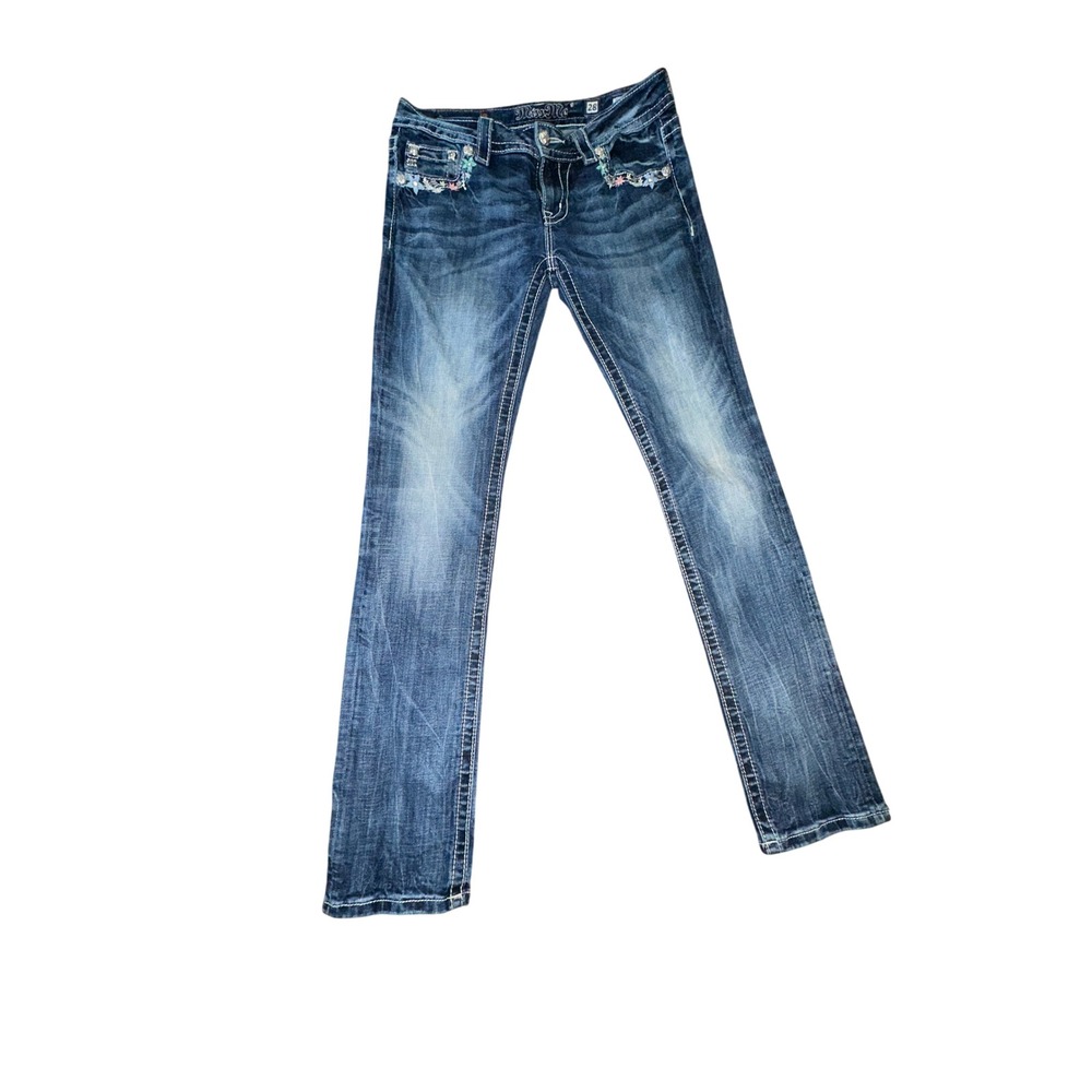 Miss Me Signature Straight Leg Jeans Floral Embroidery Rhinestone Medium Wash 28